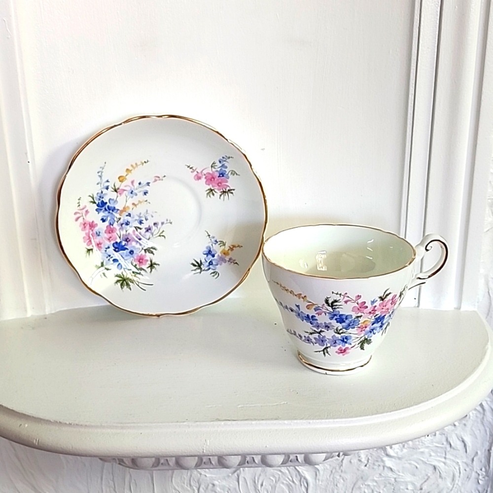 Vintage Regency Tea Cup and Saucer Blue Pink Floral Made in England.